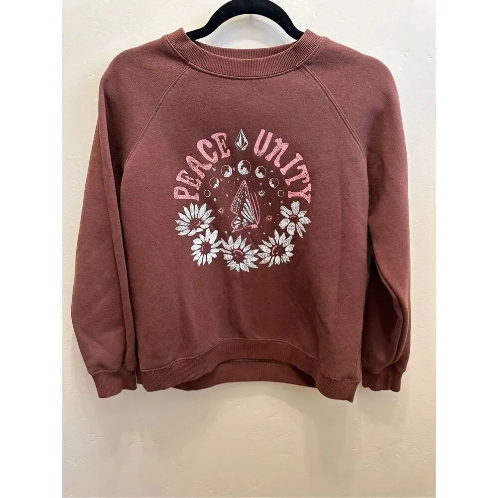 Volcom Brown Crewneck Sweater Peace Unity White Daisy Sweater Size XL 14/16